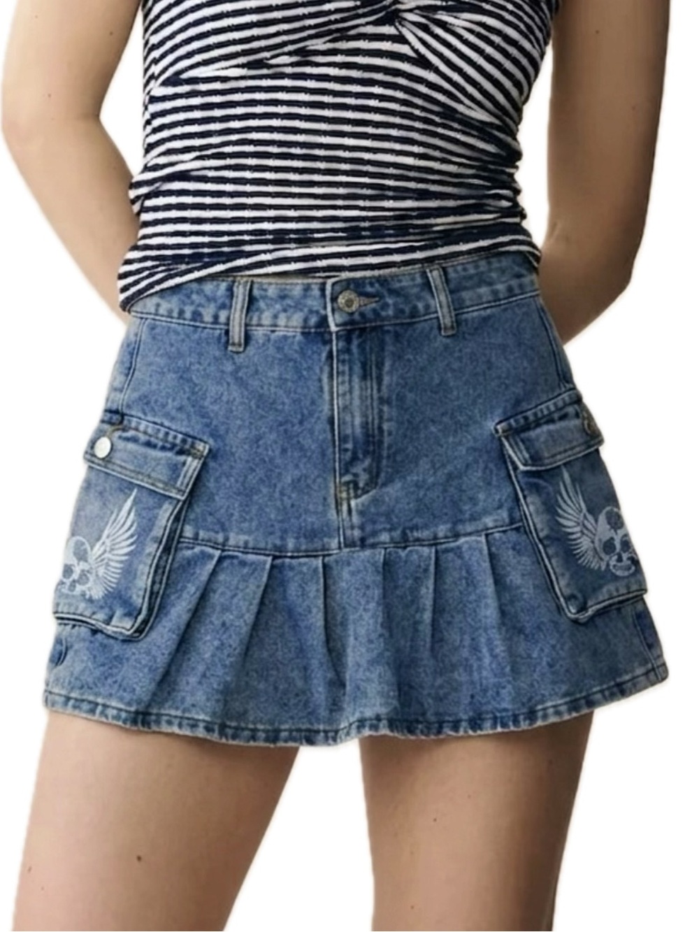 Romwe Cargo Pocket Pleated Denim Mini Skirt Size Small Skull Angel Wings Y2K